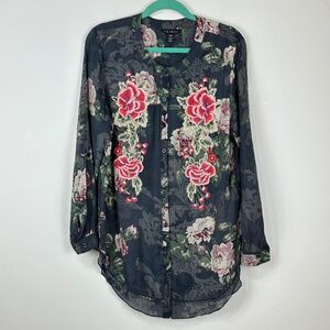 Tribal Women's Semi-Sheer Embroidered Beaded Floral Button Down Blouse M